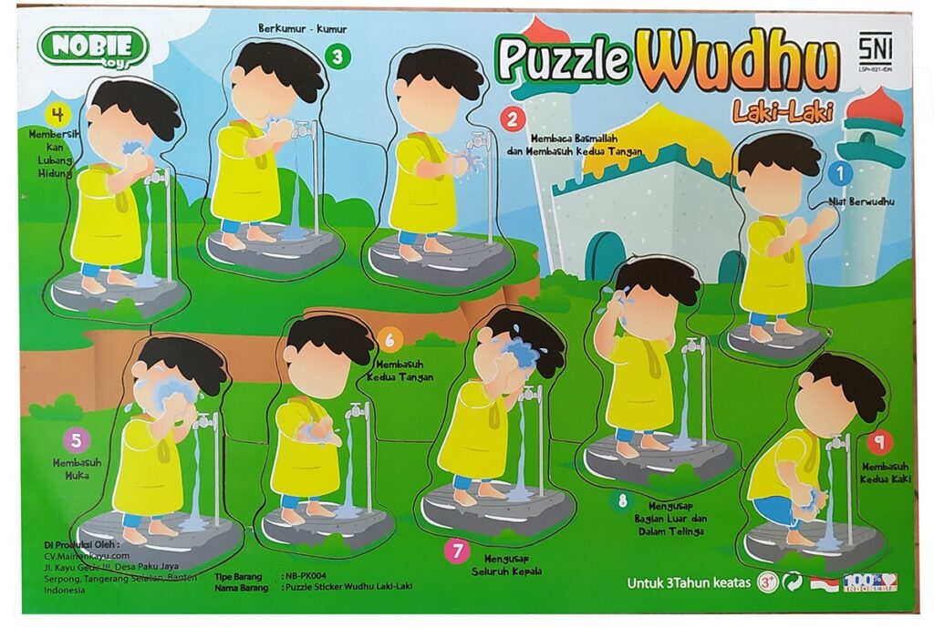 Puzzle stiker wudhu laki lakii — mainan kayu edukatif Nobie Toys