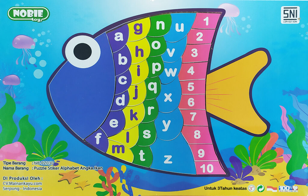 Puzzle Stiker Alphabet Angka Ikan — mainan kayu edukatif Nobie Toys